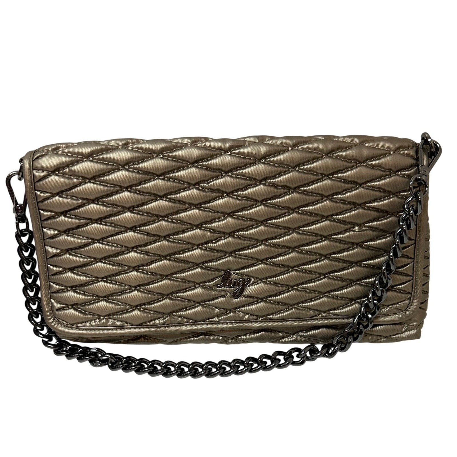 Lug Strut Metallic Walnut Quilted Crossbody Bag Gunmetal Chain New